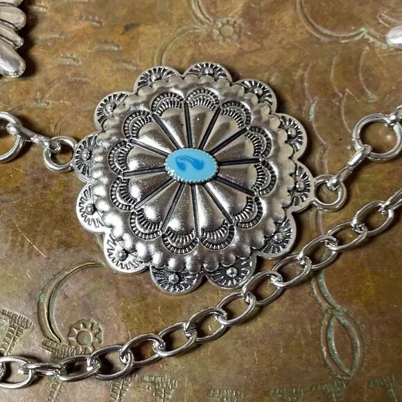 Spring Boho EASTER Gift Southwest Silver Chain belt adjustable 48” Turquoise - Picture 4 of 16